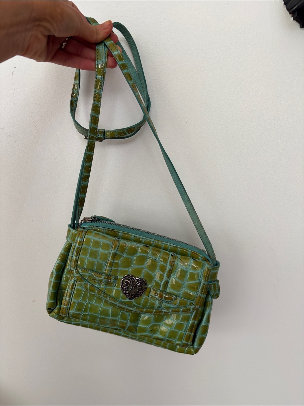 Vintage Green Croc-Embossed Crossbody Bag